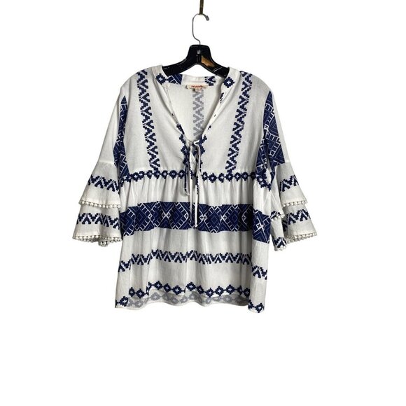 Mazik Tops - MAZIK WOMEN'S BLUE & WHITE BOHEMIAN PEASANT TUNIC TOP SZ M